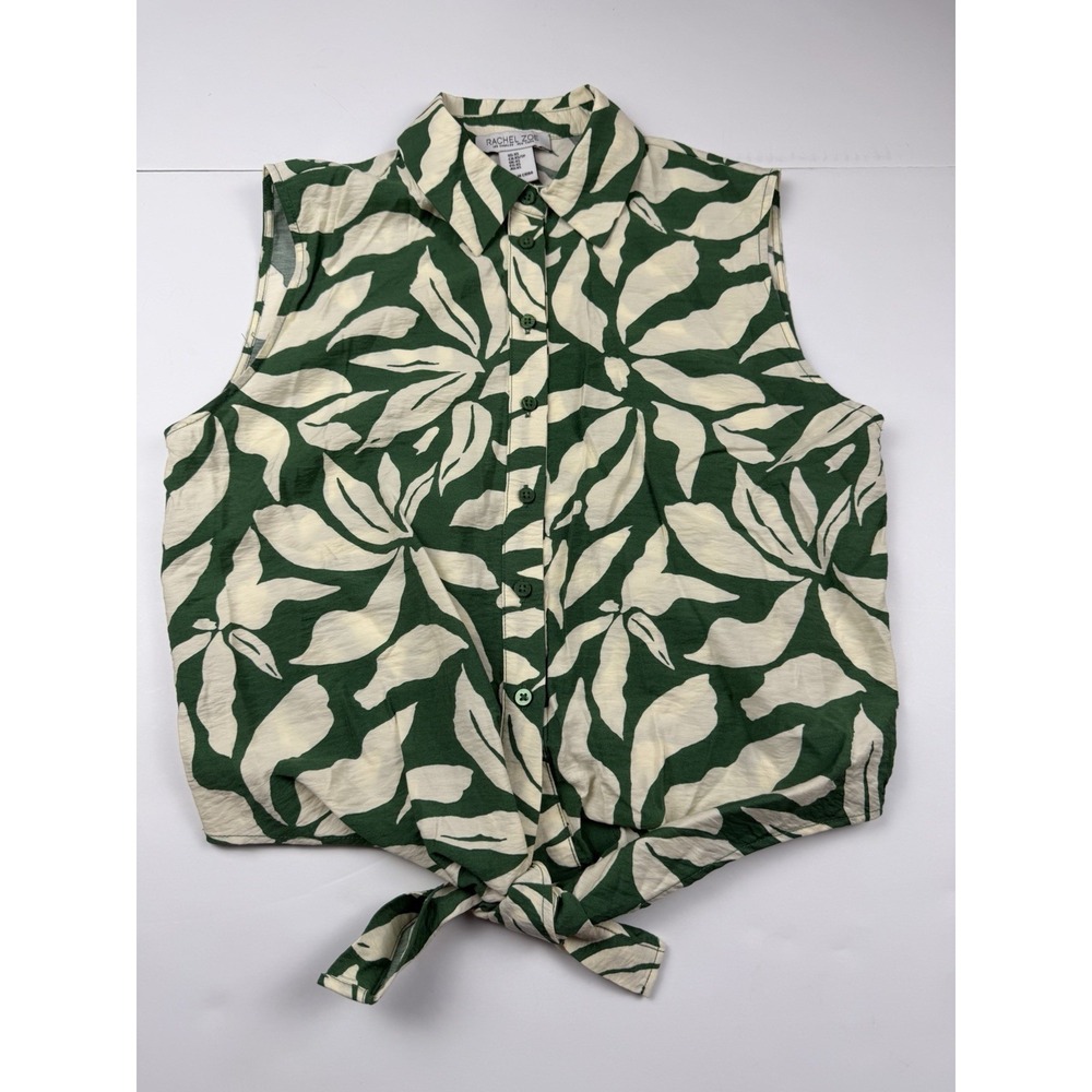 Rachel Zoe Sz XS Green White Tropical Leaf Print Tie Front Shirt Sleeveless Top - Picture 1 of 8